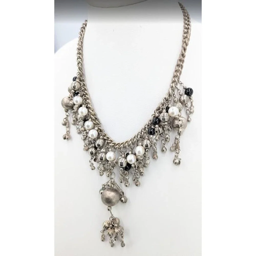 Statement Bib Necklace Silver Tone Faux Pearl Black Bead Cha Cha Charm 19 Inch
